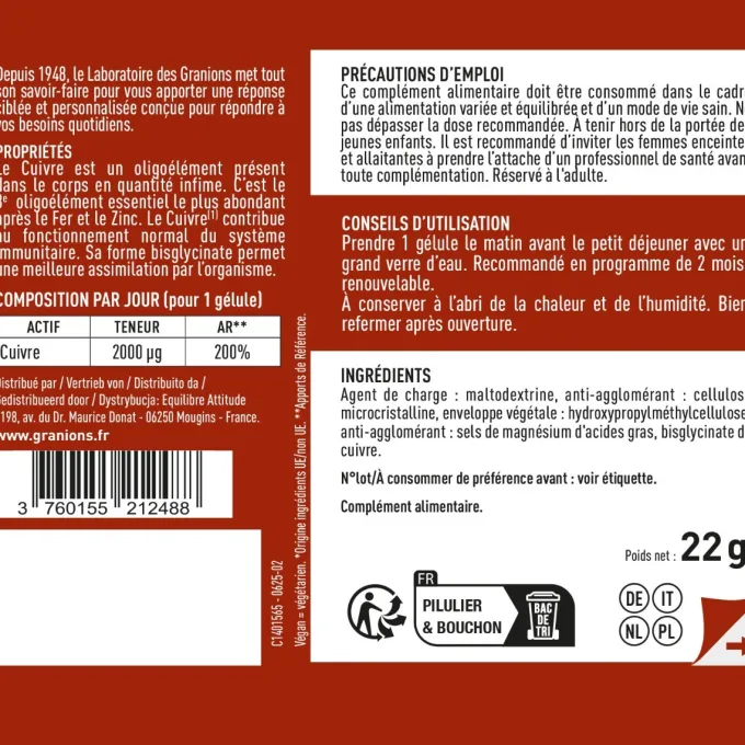 Cuivre bisglycinate - 60 gélules