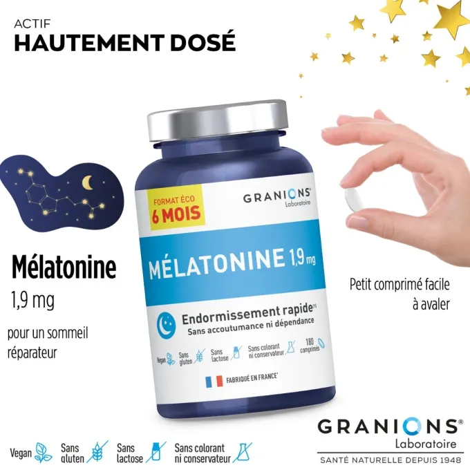 Granions Mélatonine 1,9 mg - Format 6 mois - 180 comprimés