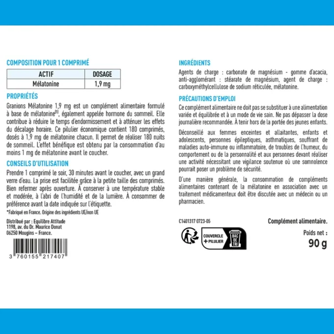 Granions Mélatonine 1,9 mg - Format 6 mois - 180 comprimés