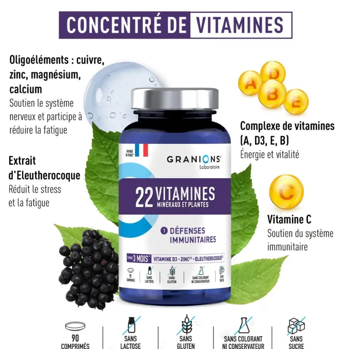 22 Vitamines Minéraux et Plantes 90 comprimés